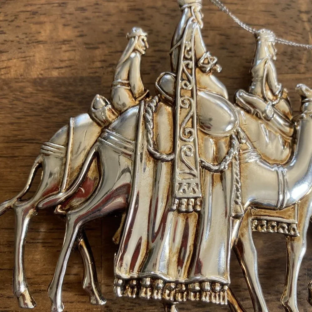 4 Vintage Christmas Ornaments Gold Tone Wise Men Camel Angel Manger Jesus